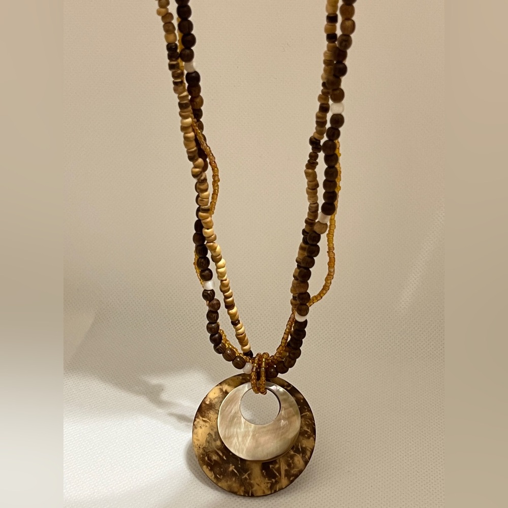 Boho brown tan mother of pearl, coconut shell and wood beads necklace earth tone